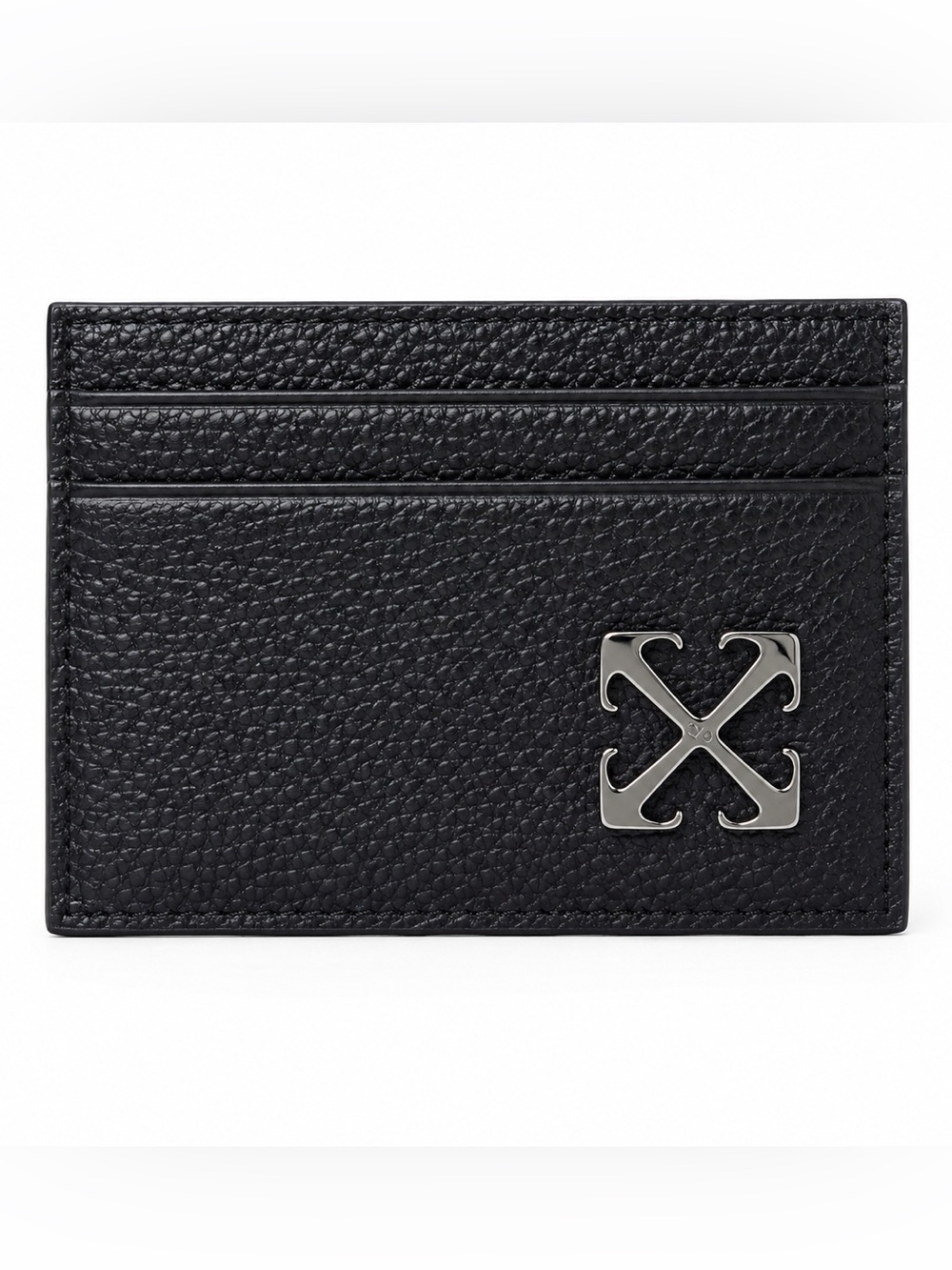 Off-White Black Pebbled Leather Card Holder with Silver Arrow Logo